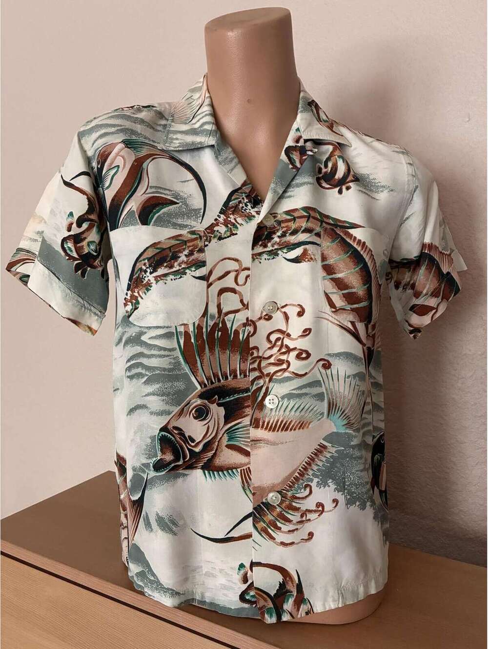 1950s Penneys Japan Rayon Fish Print Camp Shirt - Boys Size 12 or Petite XS